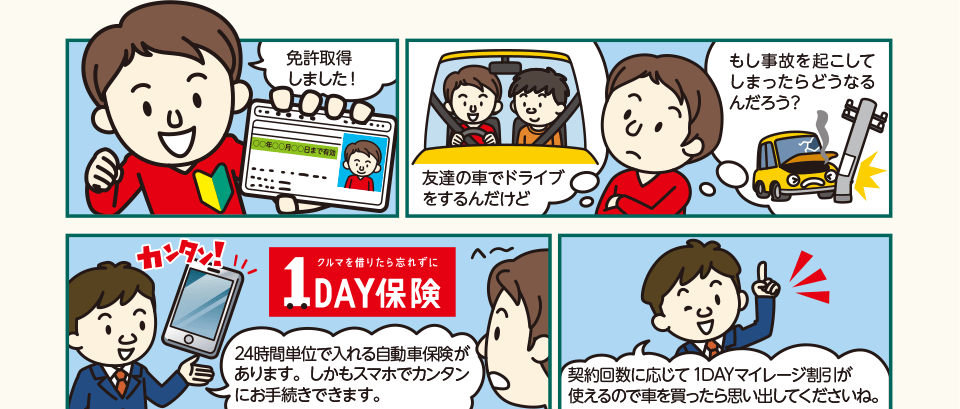 免許を取った人が友達の車で運転する際、万一の事故に備えて「24時間単位で加入できる自動車保険『クルマを借りたら忘れずに １ＤＡＹ保険』」があります。スマホで簡単に手続きでき、利用回数に応じて割引もあります。