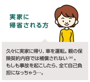 帰省される方：久々に実家に帰り、車を運転。親の保険契約内容では補償されない（※）。もしも事故を起こしたら、全て自己負担になっちゃう…。